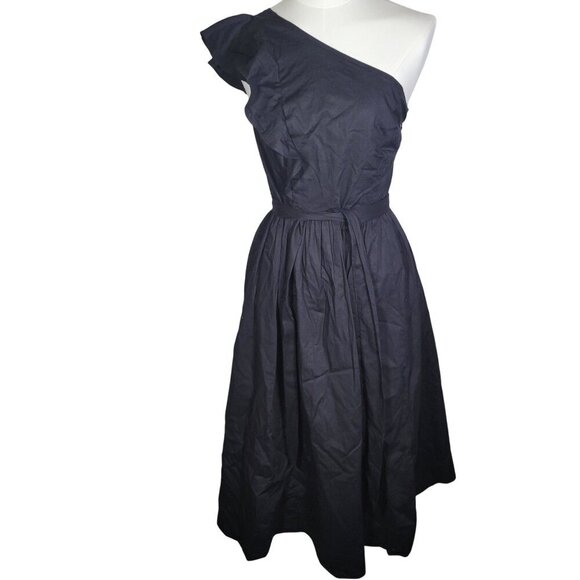 J.Crew Black Classic One-Shoulder Cotton Pleated Skirt Midi Dress Size 2P - Picture 1 of 14